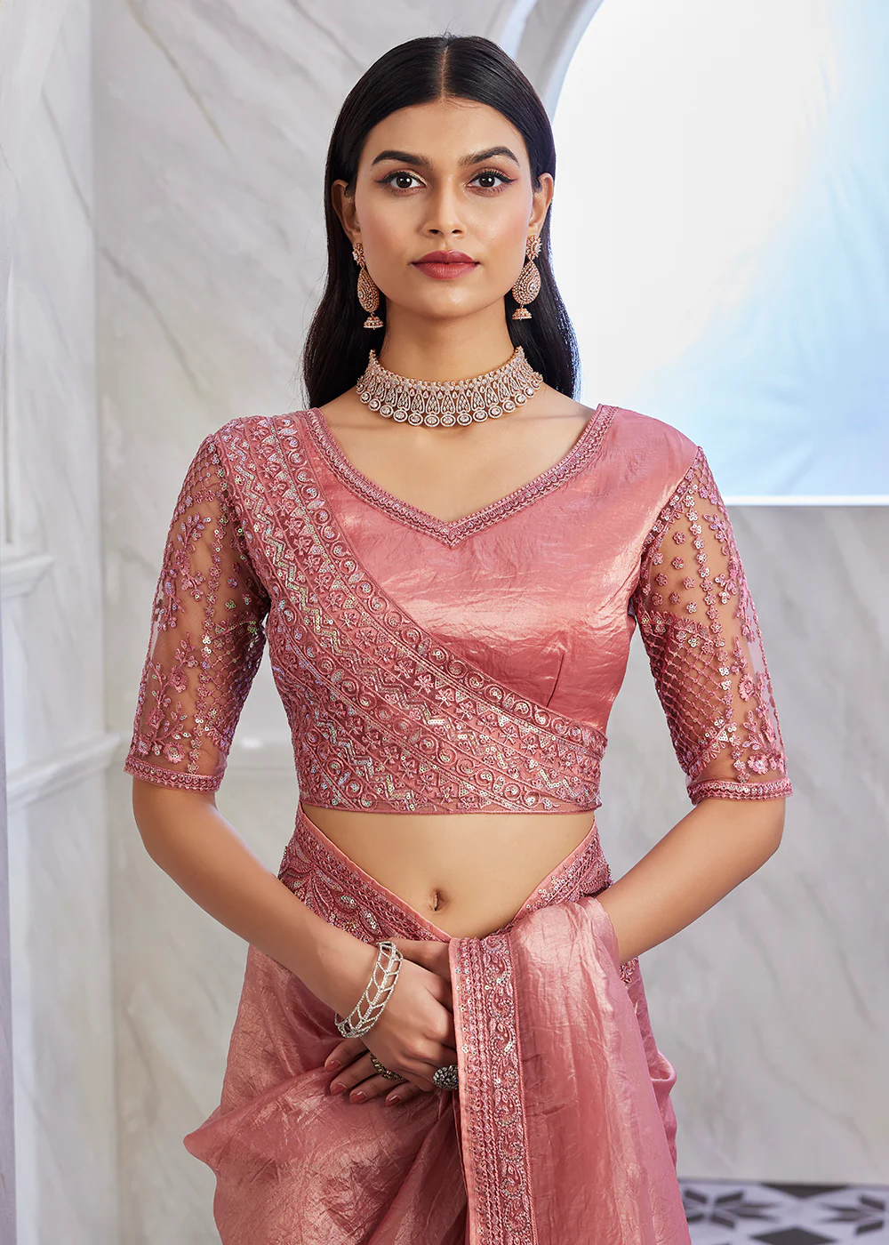 Lovely Dusty Pink Silk Embroidered Designer Saree - Image 4
