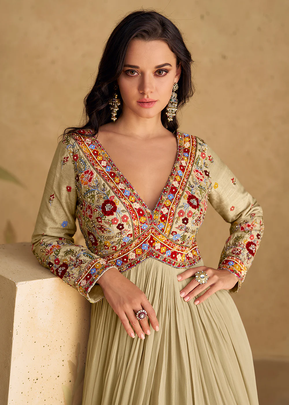Lovely Embroidered Beige Wedding Party Anarkali Gown - Image 2