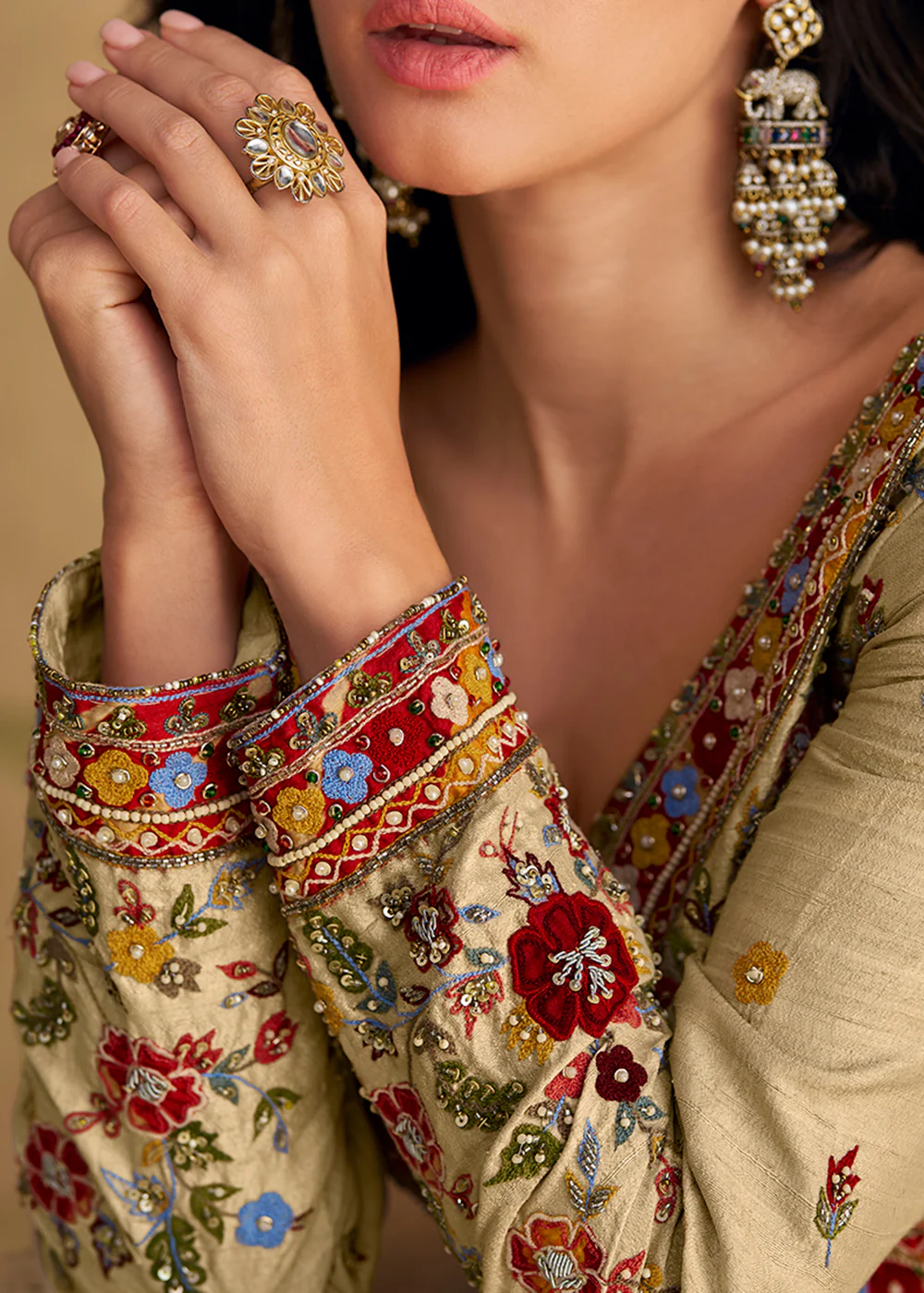 Lovely Embroidered Beige Wedding Party Anarkali Gown - Image 3