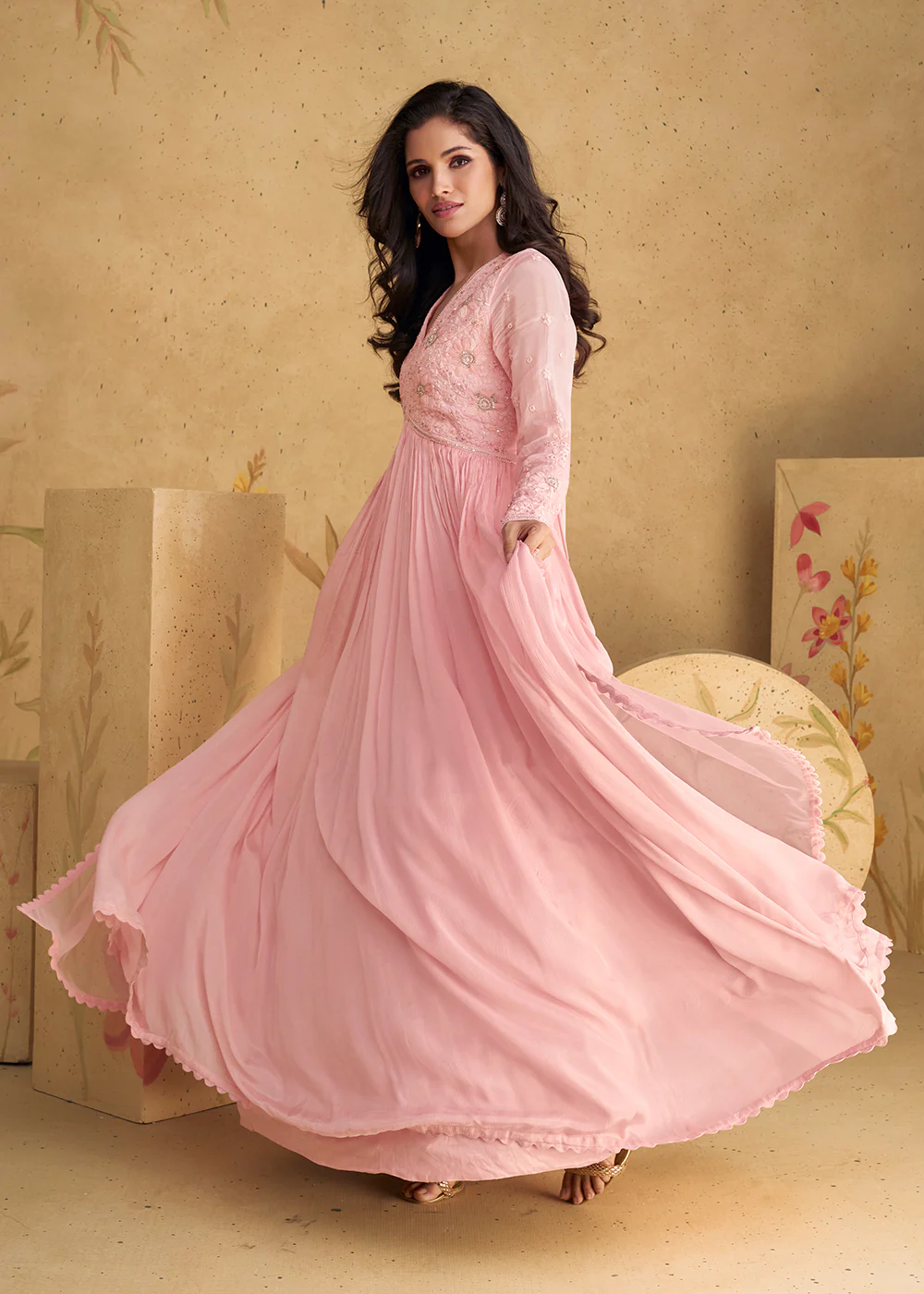 Lovely Embroidered Pink Wedding Party Anarkali Gown - Image 3