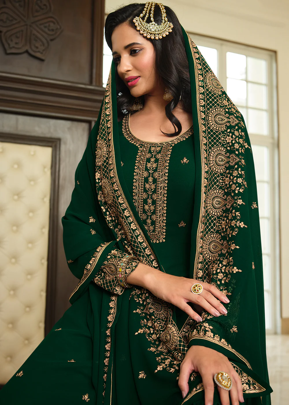 Lovely Green Embroidered Georgette Pakistani Gharara Suit - Image 2