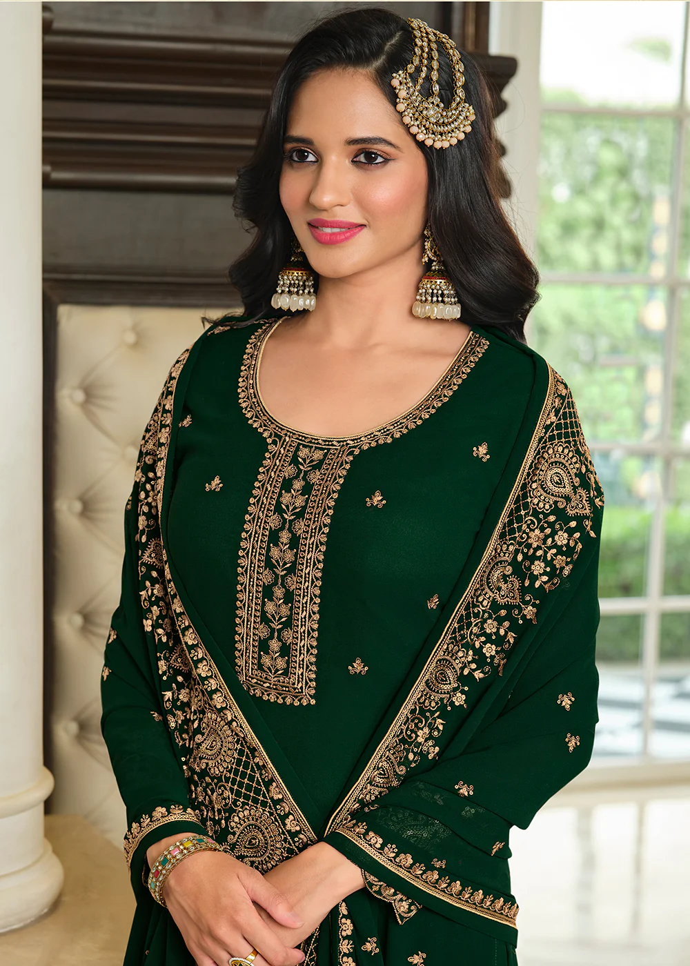 Lovely Green Embroidered Georgette Pakistani Gharara Suit - Image 4
