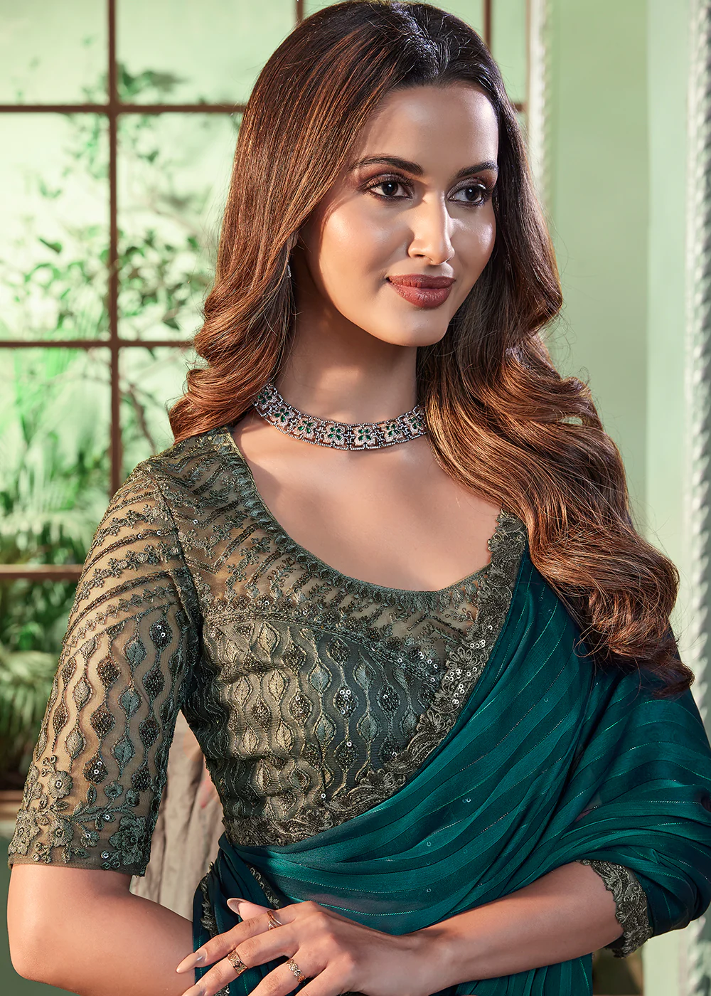 Lovely Green Georgette Silk Embroidered Wedding Party Wear Saree - Image 2