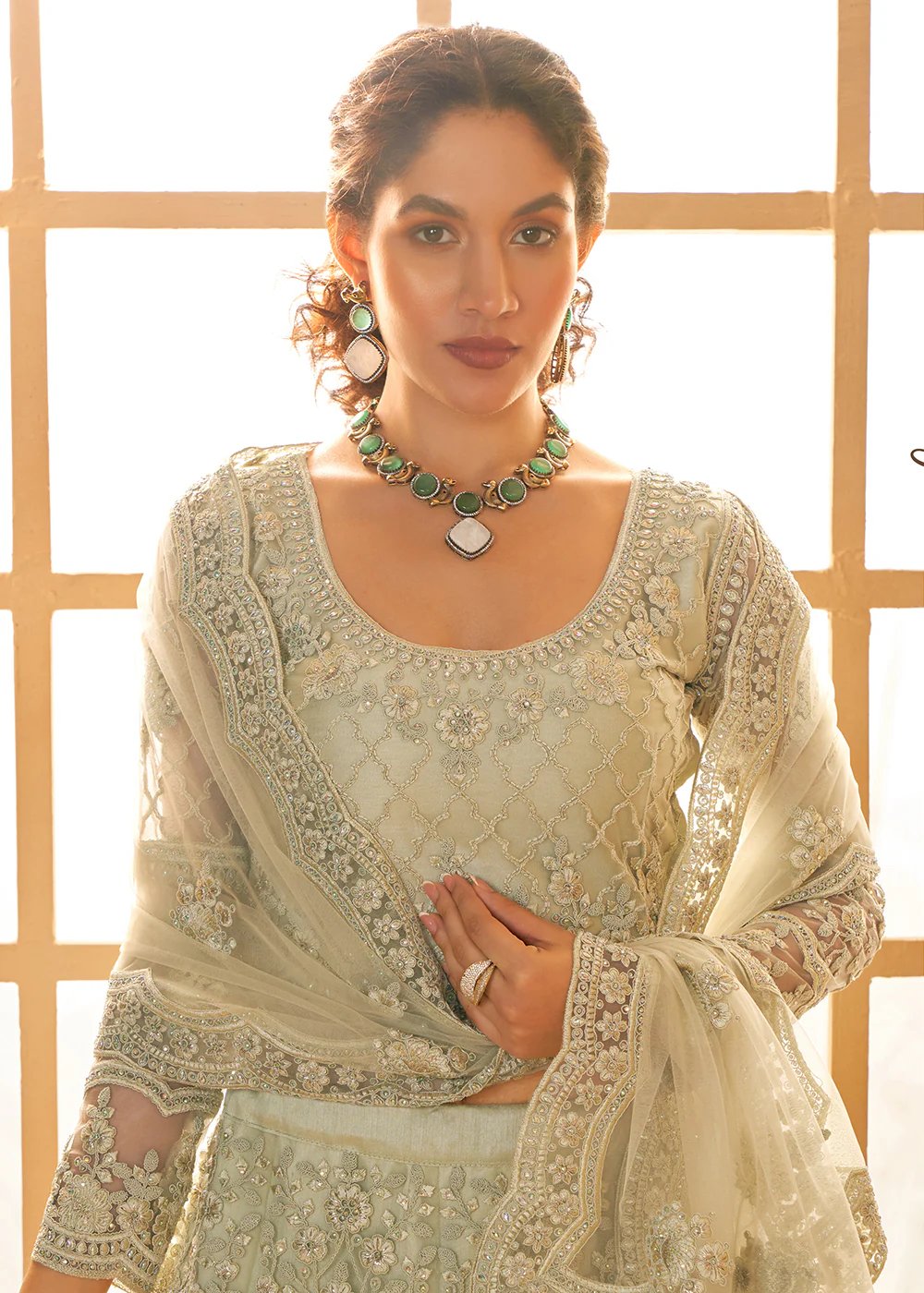 Lovely Green Heavy Net Embroidered Bridal Lehenga Choli - Image 2