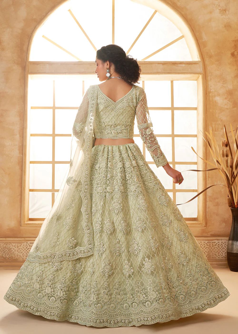 Lovely Green Heavy Net Embroidered Bridal Lehenga Choli - Image 3
