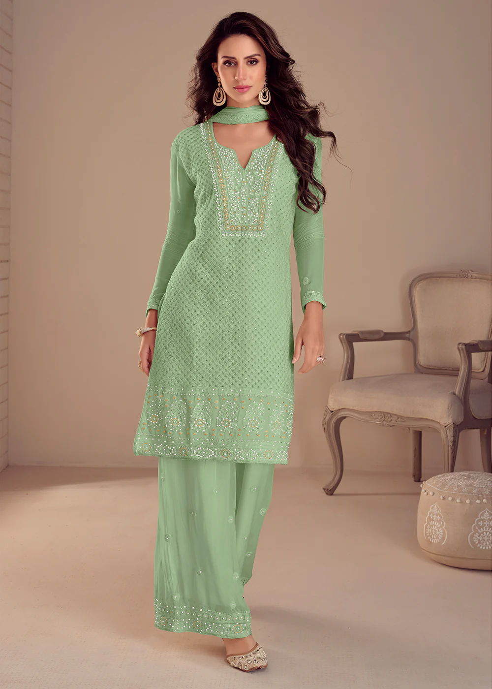 Lovely Green Palazzo Style Georgette Pakistani Style Suit