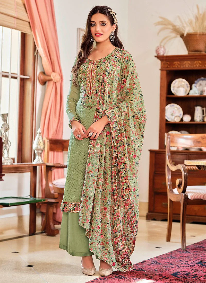 Lovely Green Punjabi Style Straight Cut Palazzo Suit