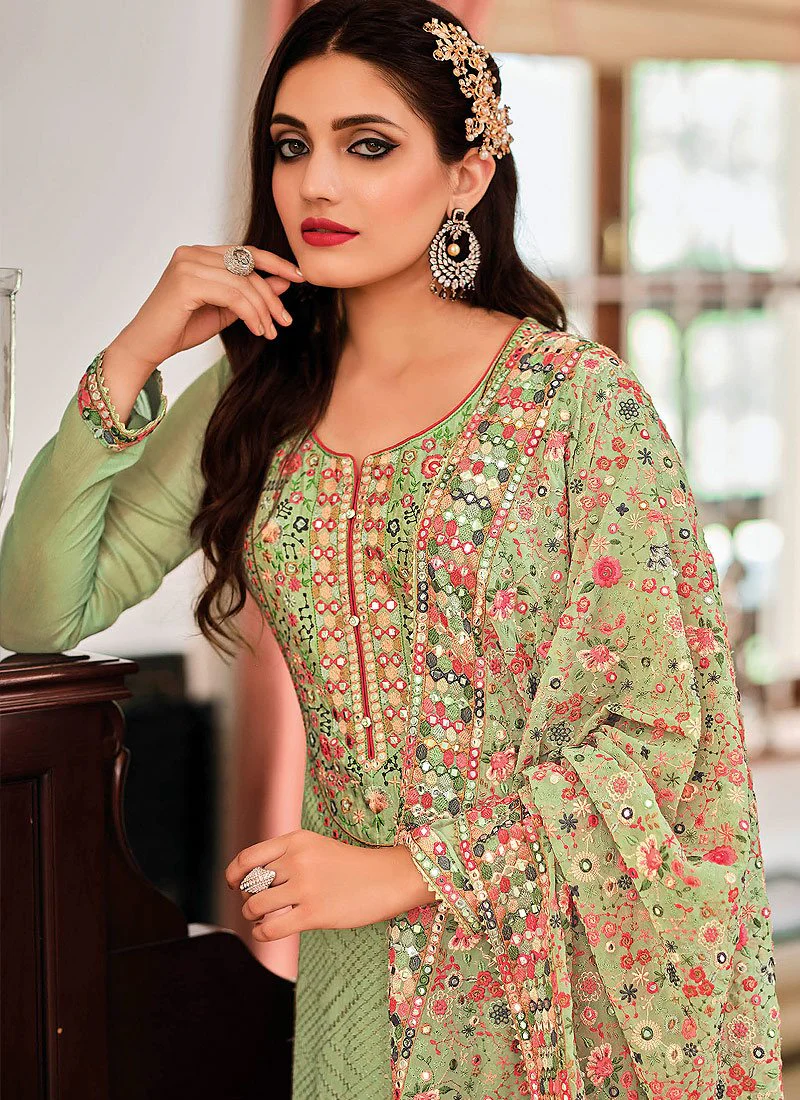 Lovely Green Punjabi Style Straight Cut Palazzo Suit - Image 2
