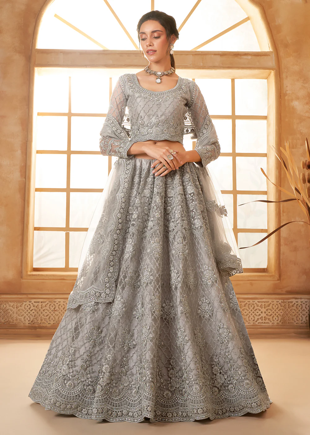 Lovely Grey Heavy Net Embroidered Bridal Lehenga Choli