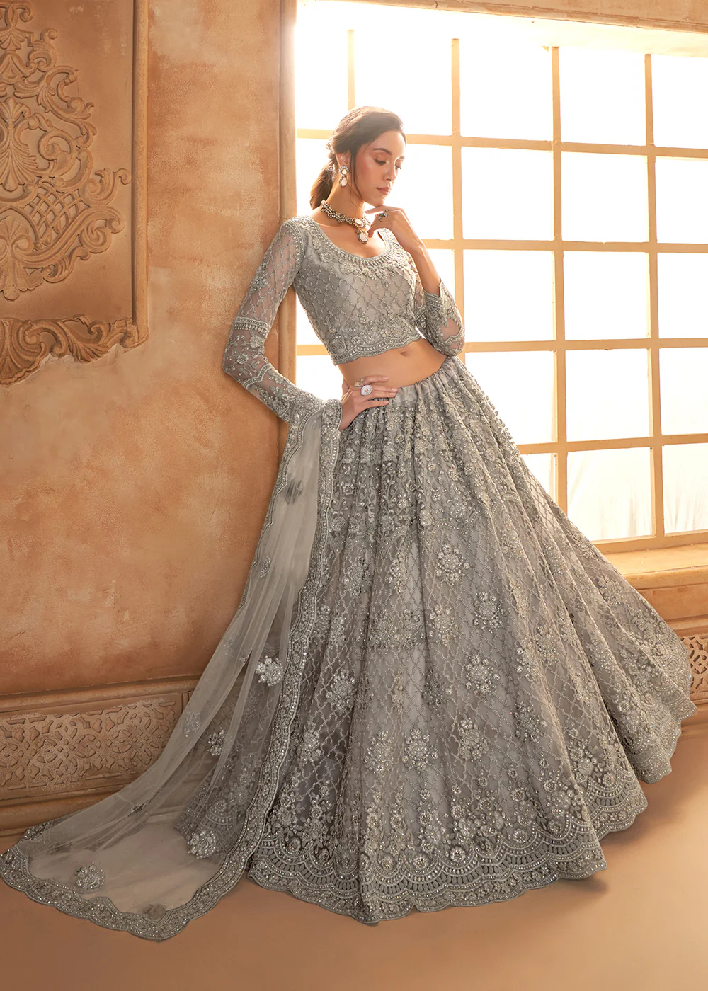 Lovely Grey Heavy Net Embroidered Bridal Lehenga Choli - Image 4