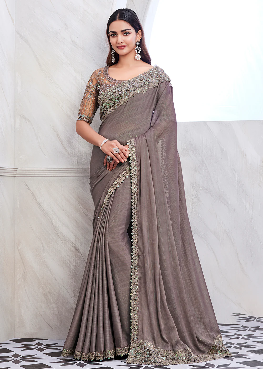 Lovely Greyish Mauve Silk Embroidered Designer Saree