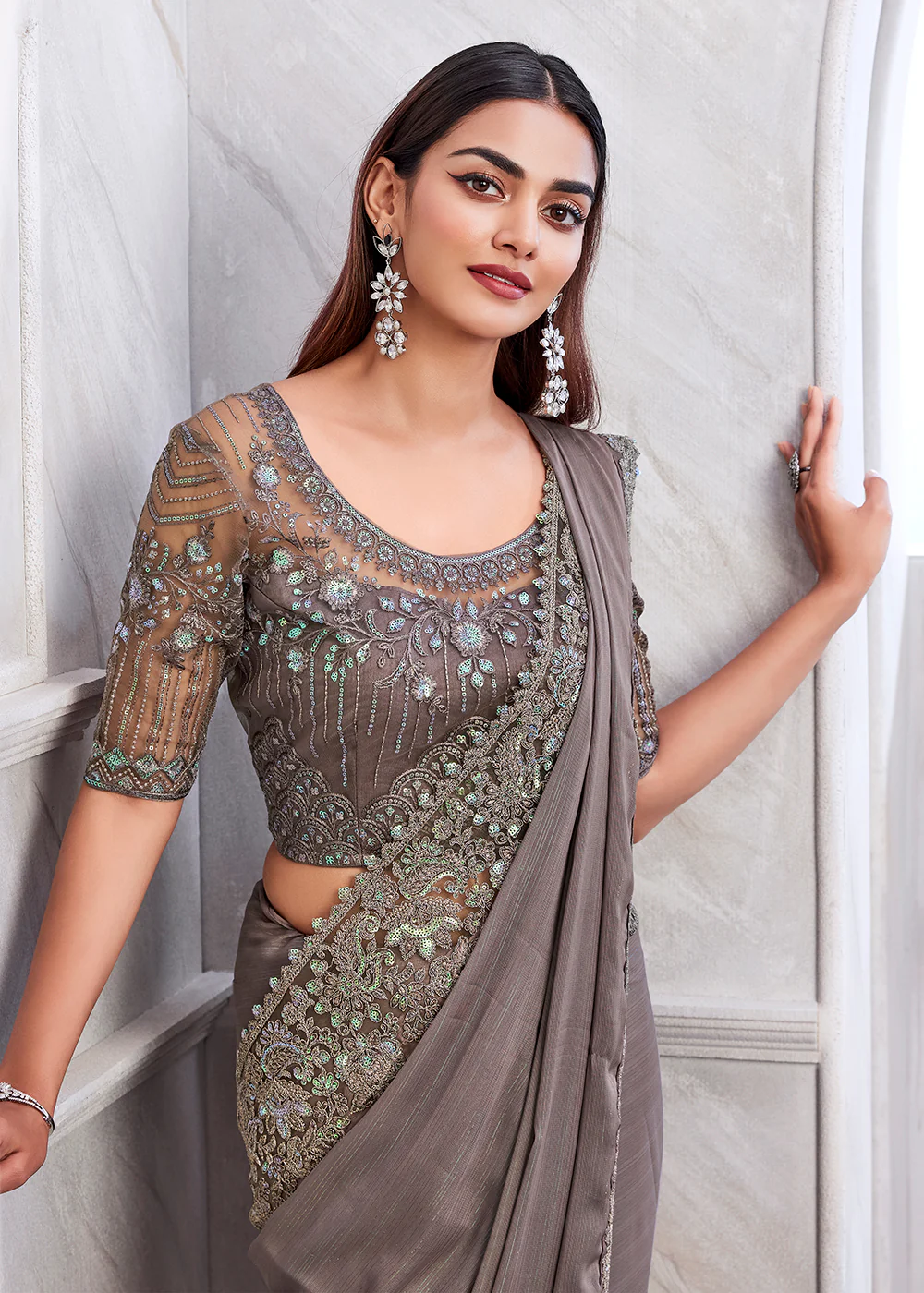 Lovely Greyish Mauve Silk Embroidered Designer Saree - Image 2