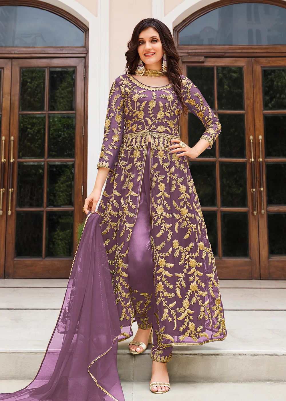 Lovely Lavender Designer Front Slit Anarkali Dress