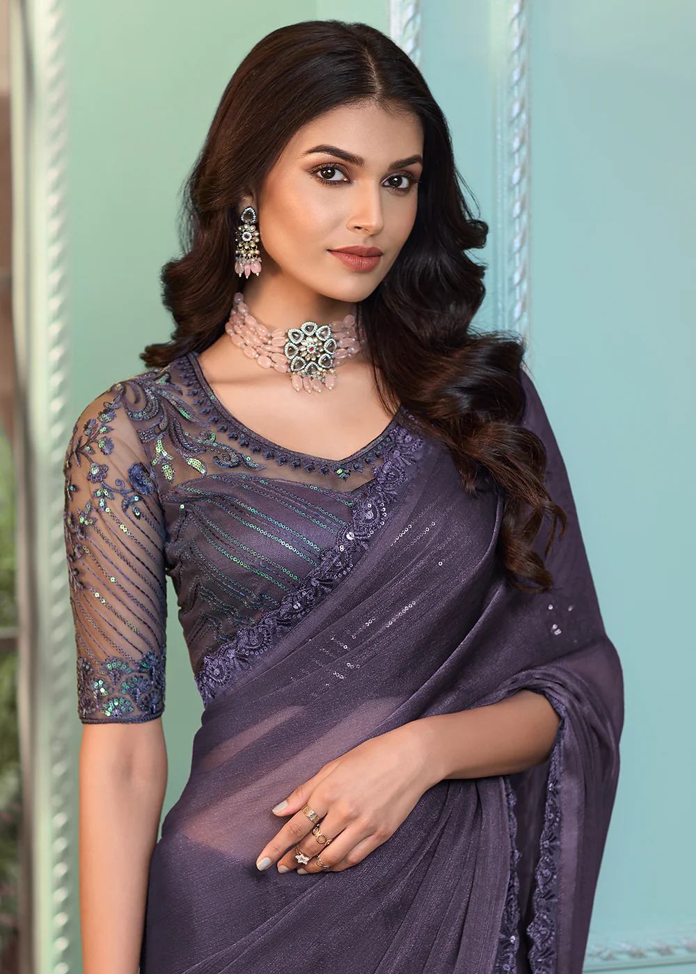 Lovely Lavender Georgette Embroidered Wedding Party Wear Saree - Image 2