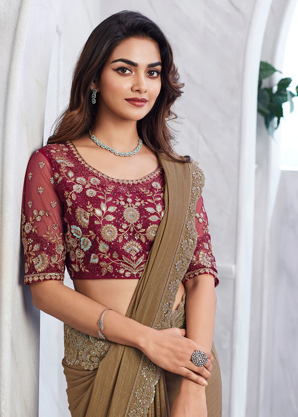 Lovely Light Brown Silk Embroidered Designer Saree - Image 2