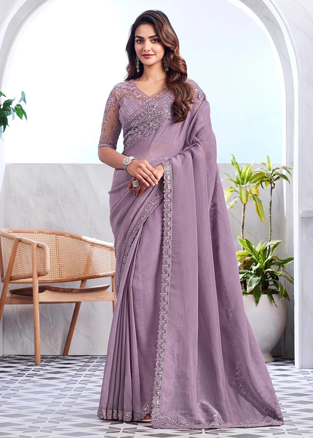 Lovely Light Mauve Silk Embroidered Designer Saree