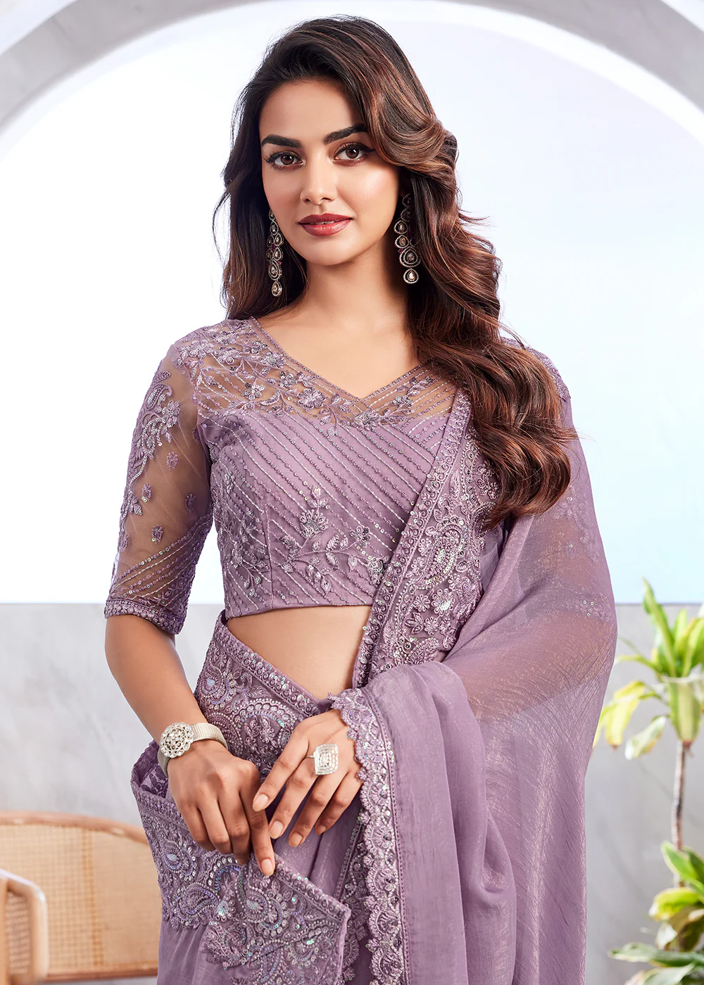 Lovely Light Mauve Silk Embroidered Designer Saree - Image 2
