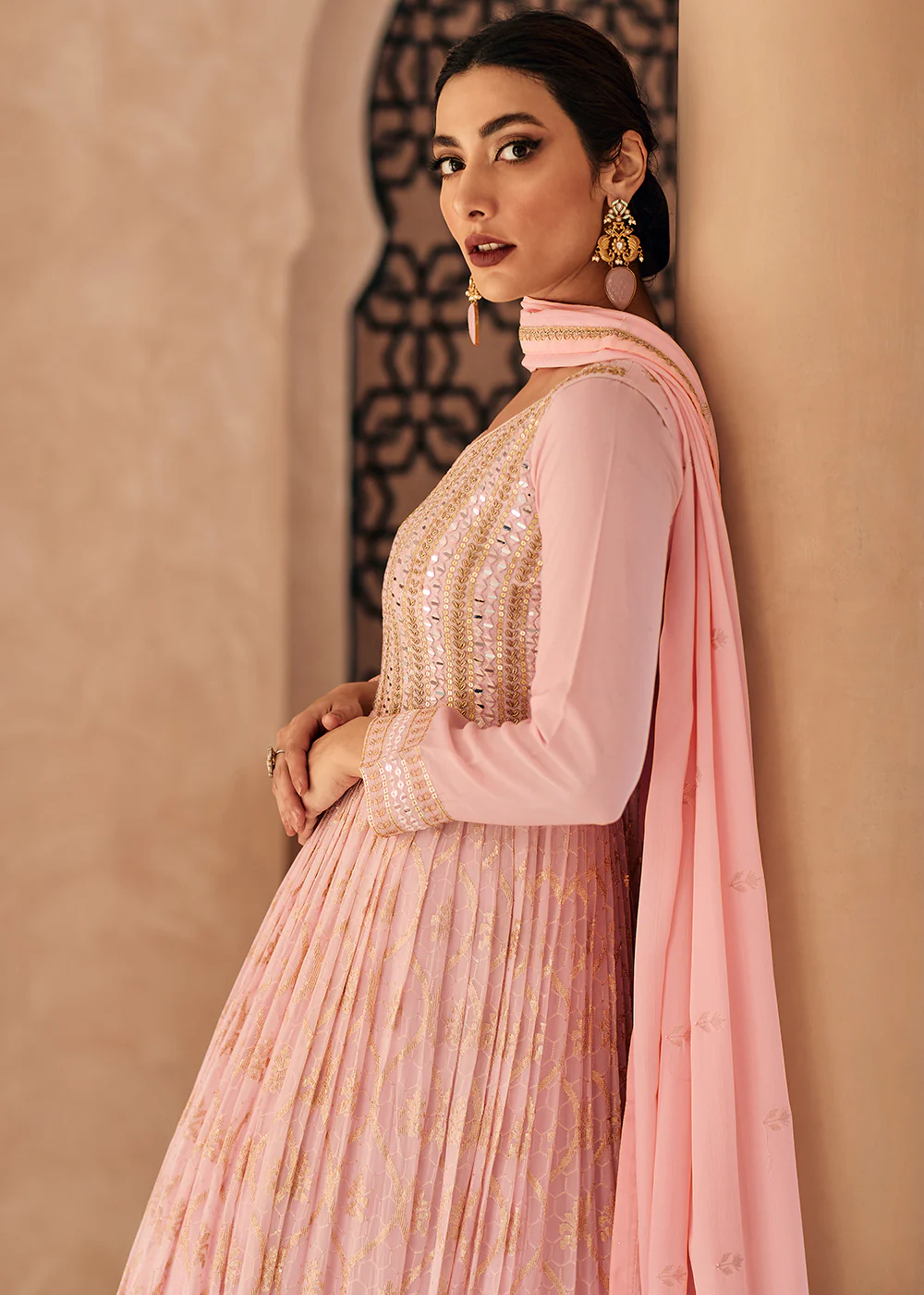 Lovely Light Pink Georgette Traditional Wedding Anarkali Suit - Image 5
