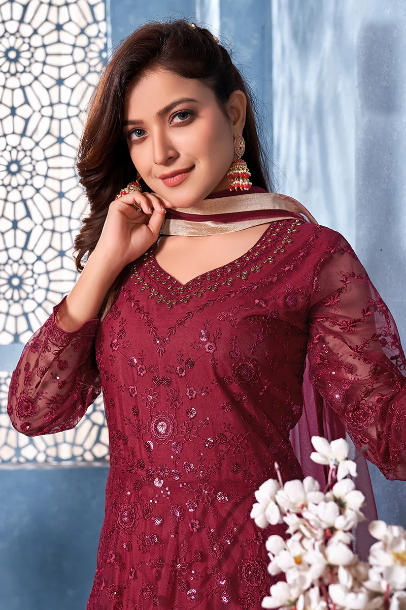 Lovely Maroon Two Tone Embroidered Sequins Anarkali Suit - Image 2