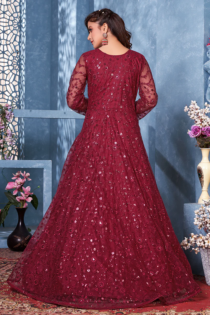 Lovely Maroon Two Tone Embroidered Sequins Anarkali Suit - Image 3
