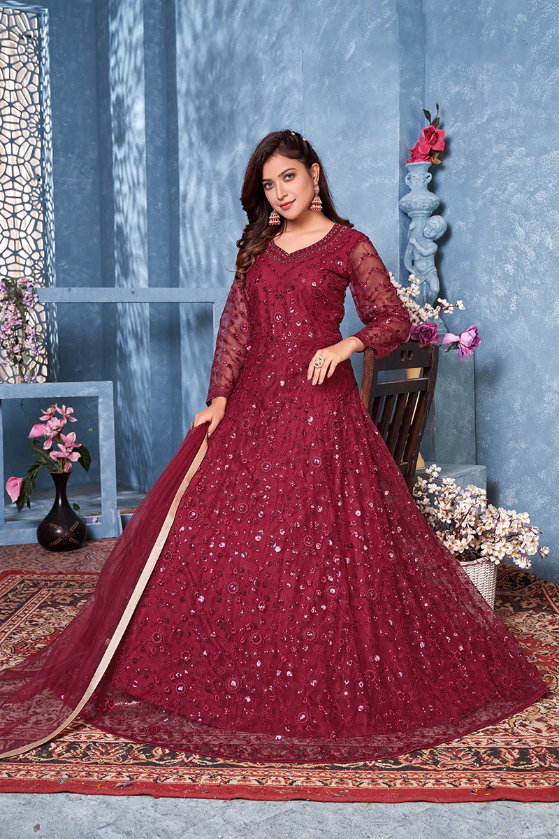 Lovely Maroon Two Tone Embroidered Sequins Anarkali Suit - Image 4