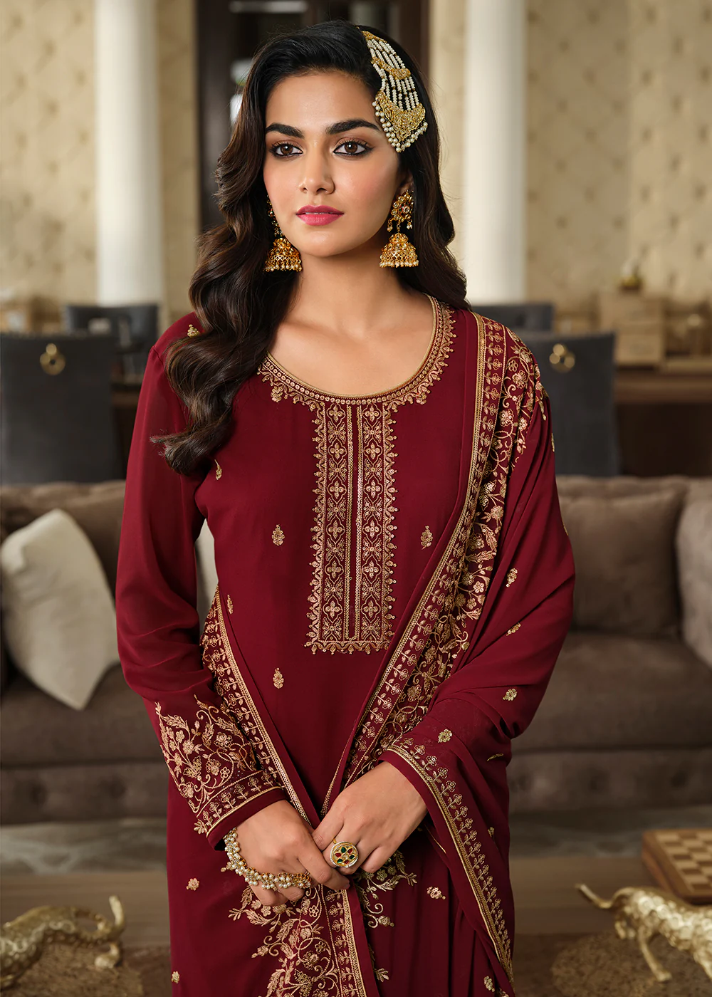 Lovely Maroon Embroidered Georgette Pakistani Gharara Suit - Image 2