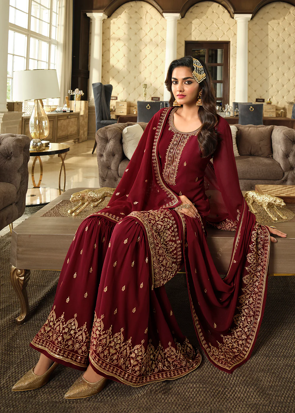 Lovely Maroon Embroidered Georgette Pakistani Gharara Suit - Image 3