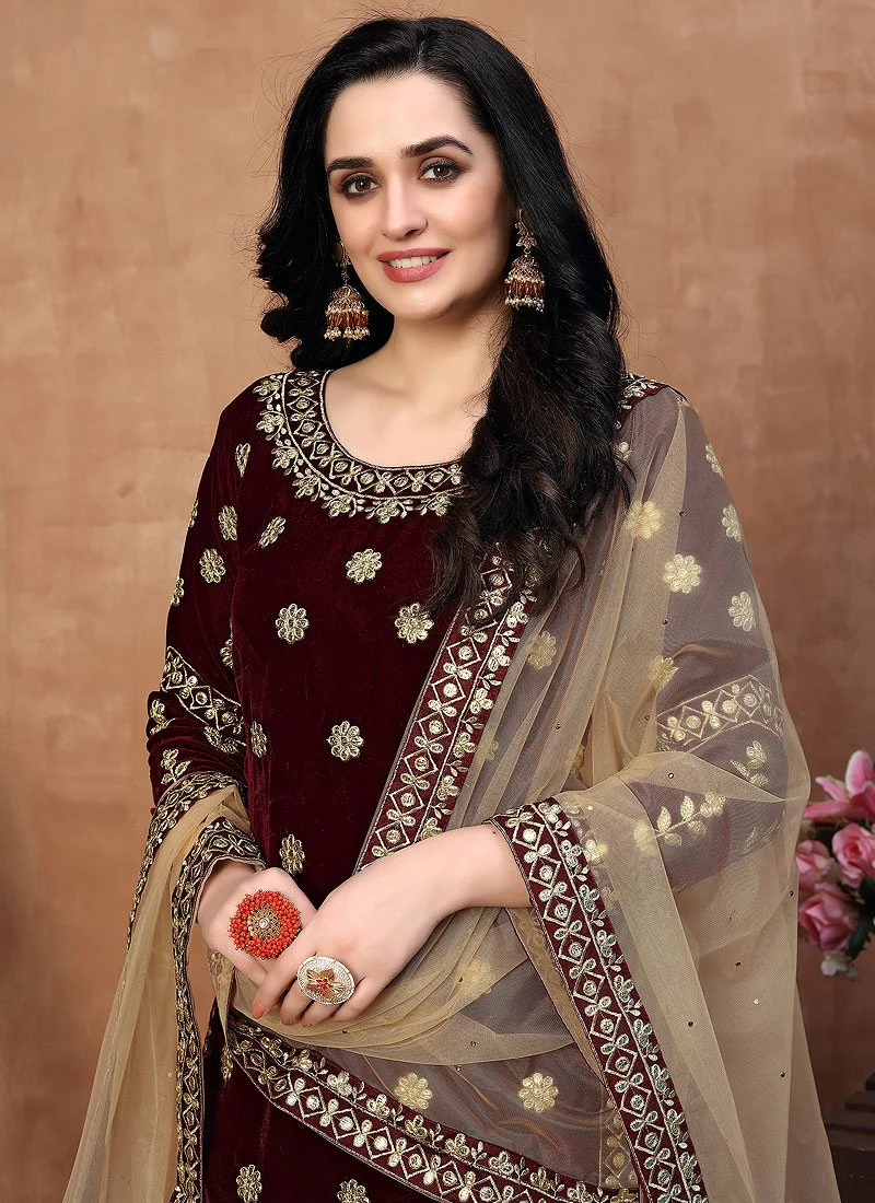 Lovely Maroon Embroidered Designer Velvet Patiala Suit - Image 2