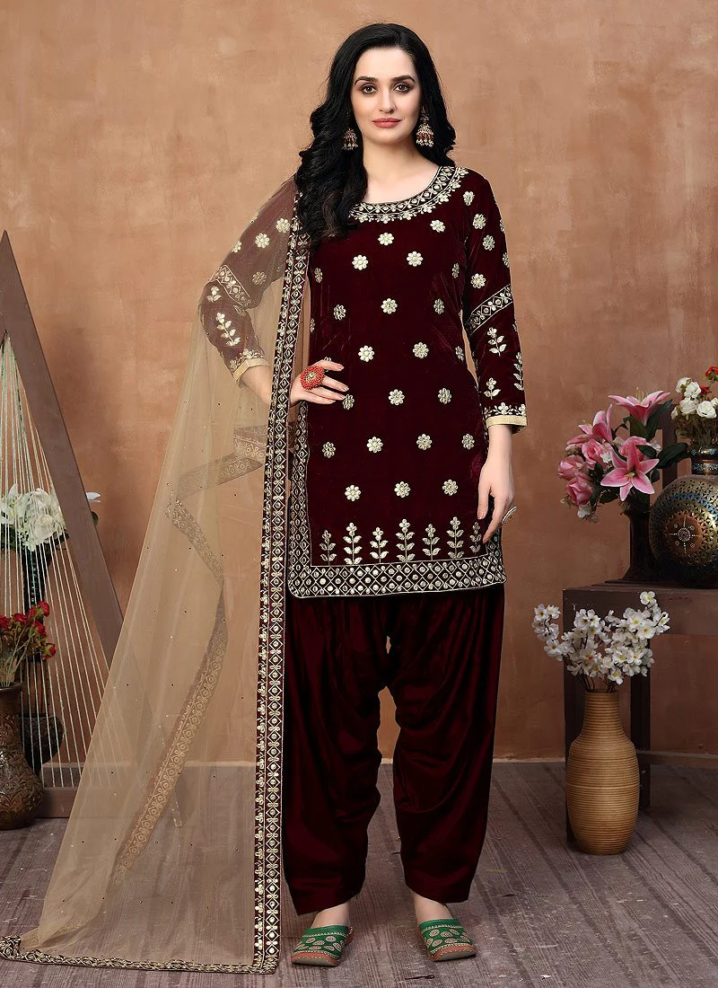 Lovely Maroon Embroidered Designer Velvet Patiala Suit - Image 3