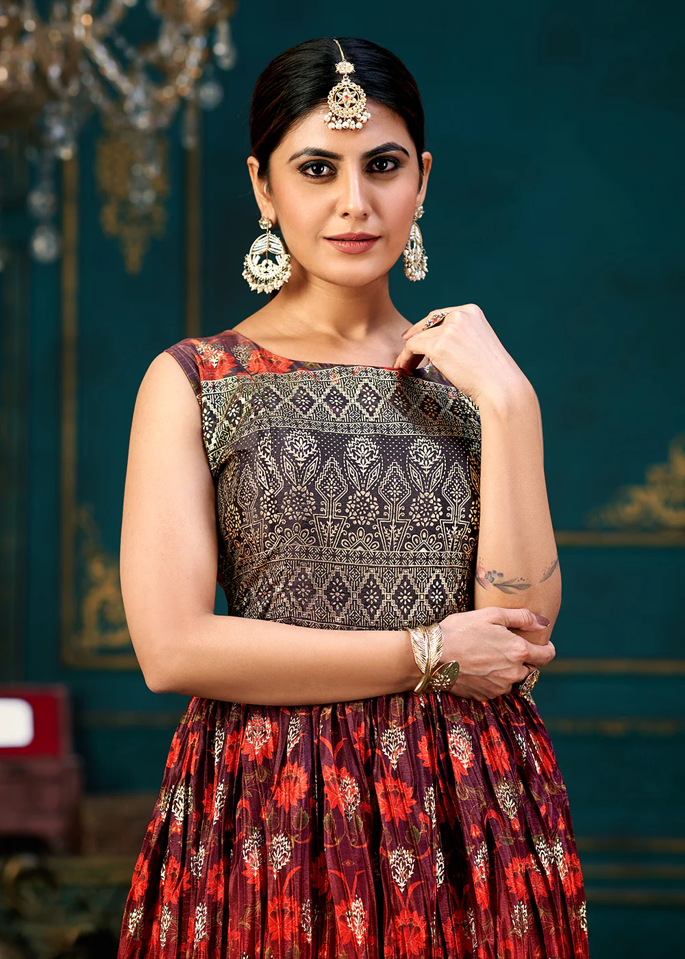 Lovely Multicolor Digital Foil Printed Ready to Wear Gown - Image 2