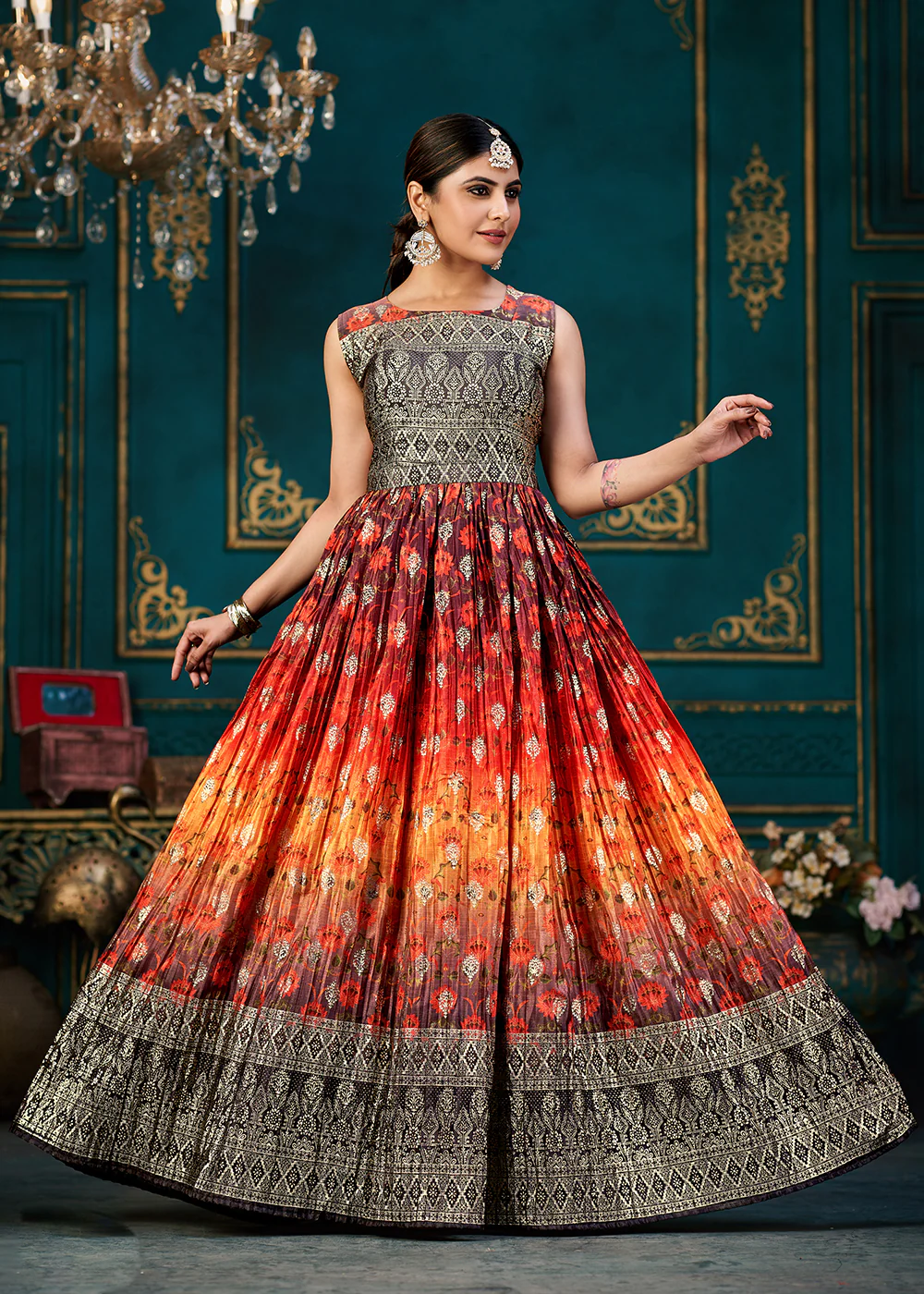 Lovely Multicolor Digital Foil Printed Ready to Wear Gown - Image 3
