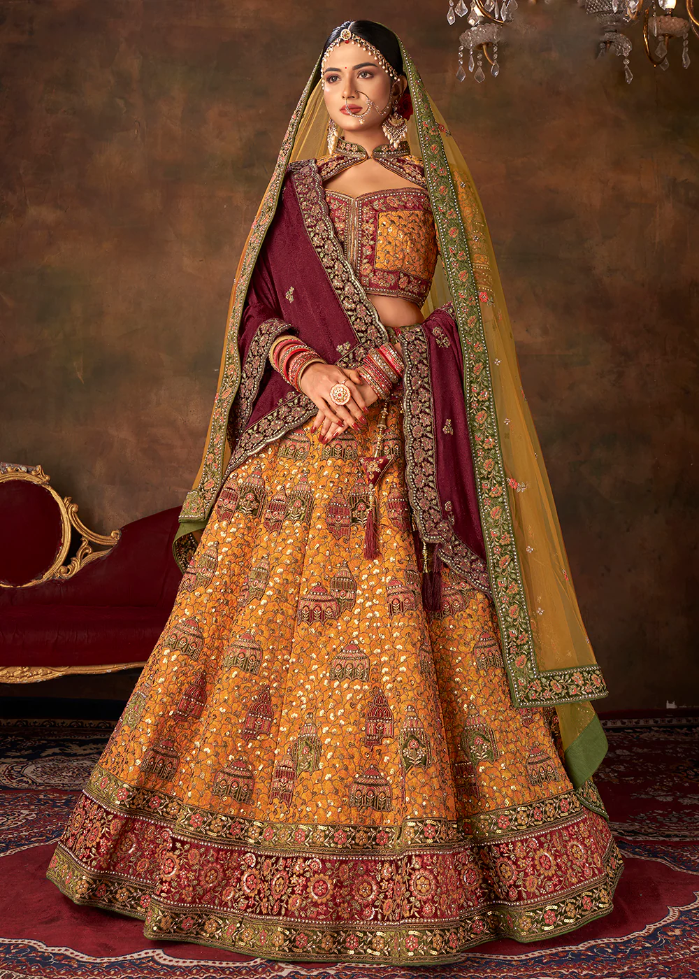 Lovely Mustard Heavy Handwork Silk Bridal Lehenga Choli
