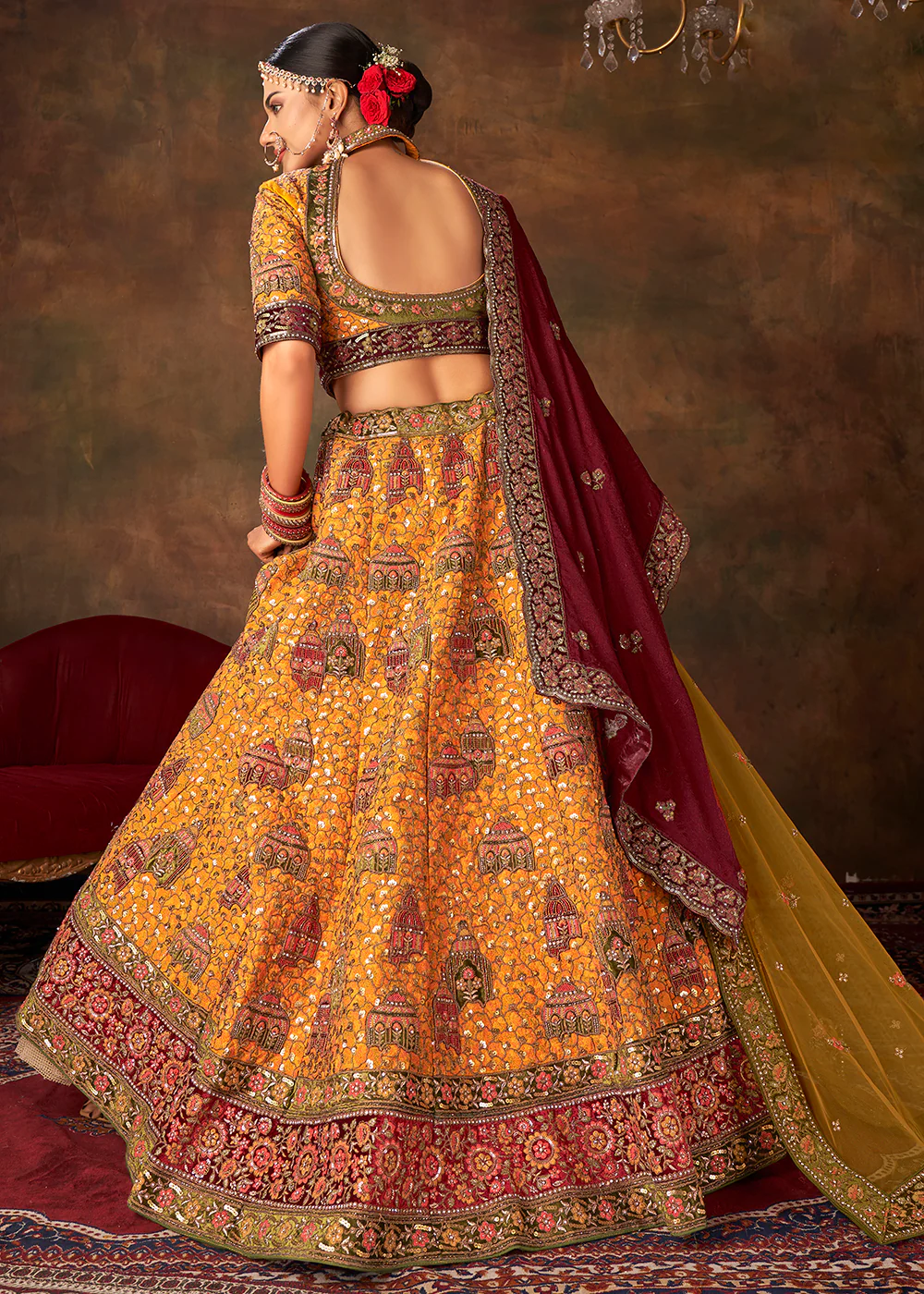 Lovely Mustard Heavy Handwork Silk Bridal Lehenga Choli - Image 3