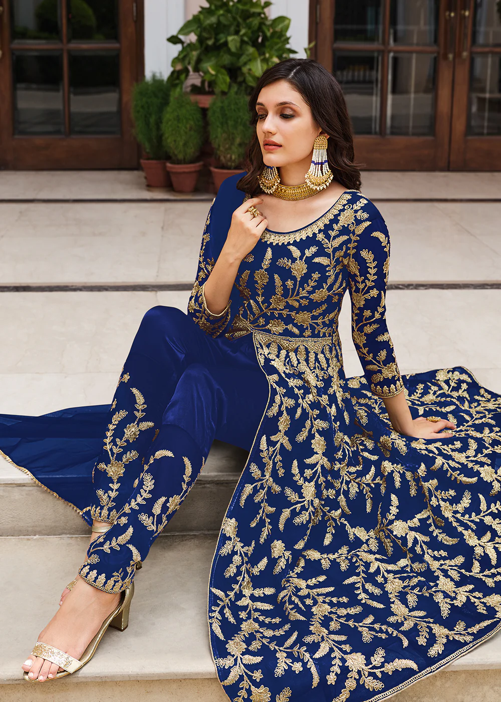 Lovely Navy Blue Designer Front Slit Anarkali Dress - Image 2
