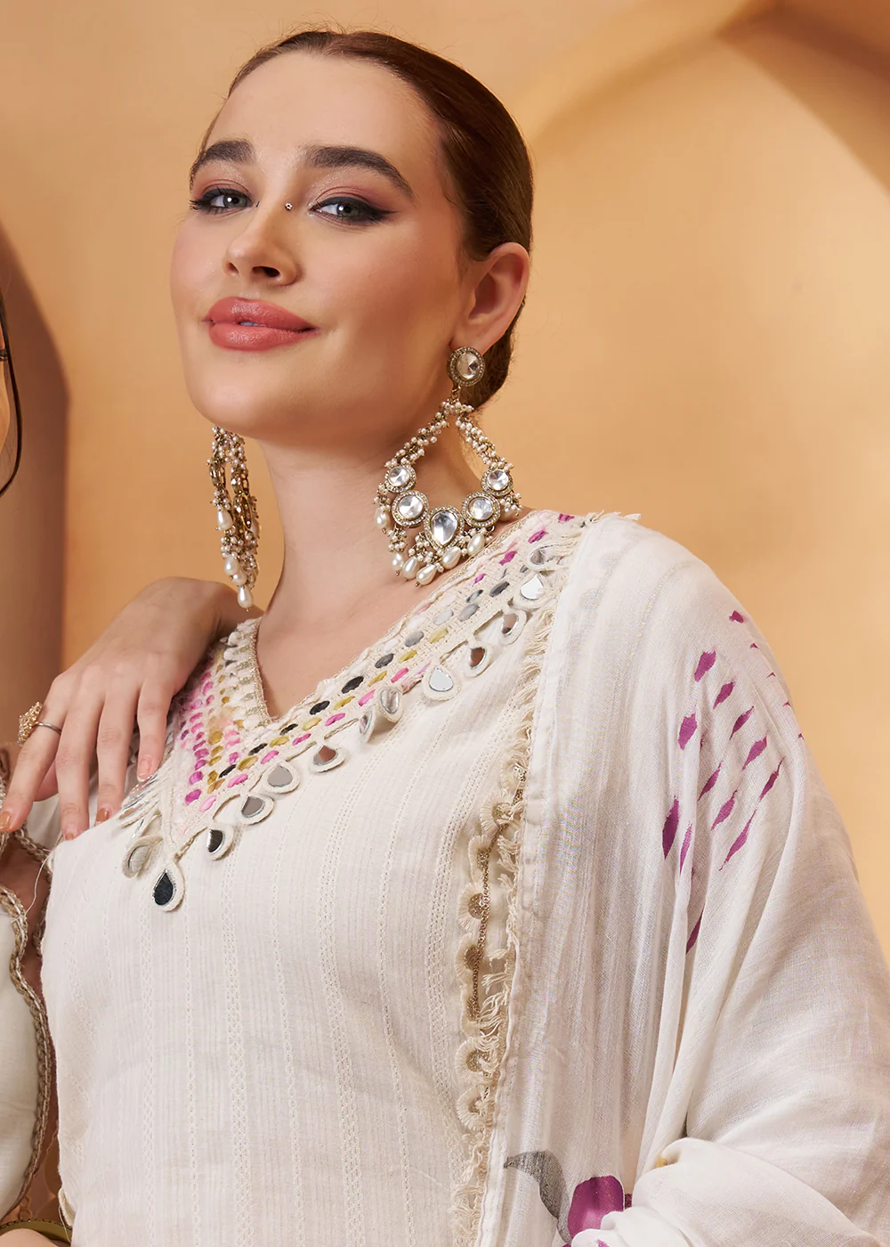 Lovely Off White Cotton Embroidered Pant Style Suit - Image 2