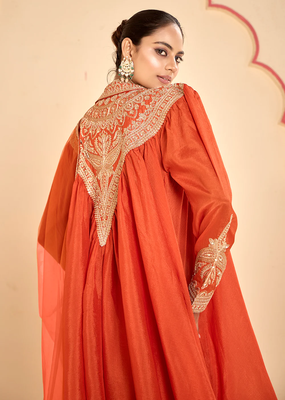 Lovely Orange Chinnon Zari Embroidered Tulip Style Dress - Image 3