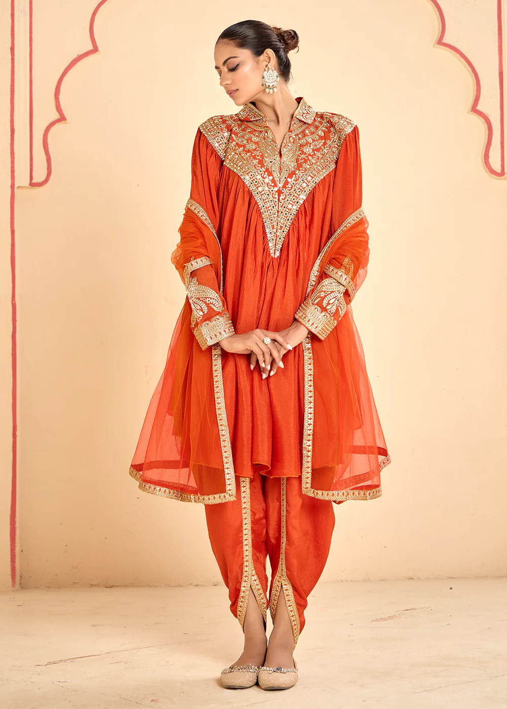 Lovely Orange Chinnon Zari Embroidered Tulip Style Dress - Image 4
