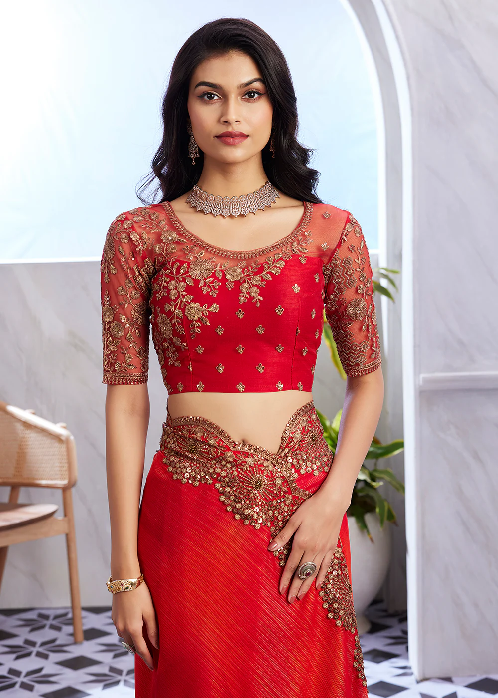 Lovely Orange Red Silk Embroidered Designer Saree - Image 3