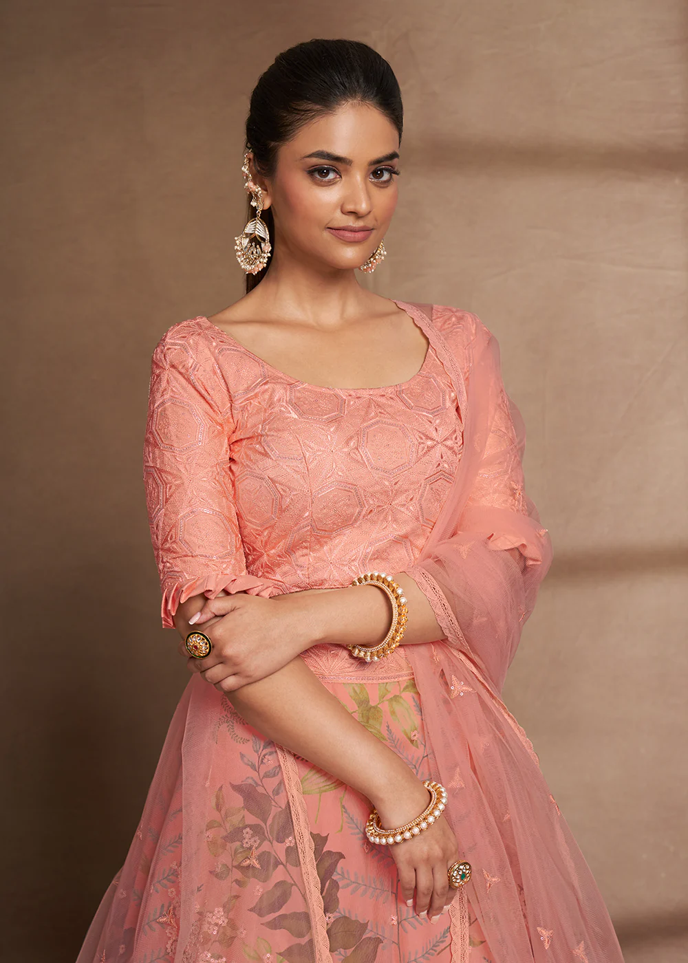 Lovely Peach Floral Digital Printed & Embroidered Lehenga Choli - Image 2