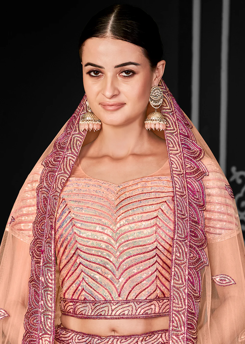 Lovely Peach Net Embroidered Bridal Party Lehenga Choli - Image 2