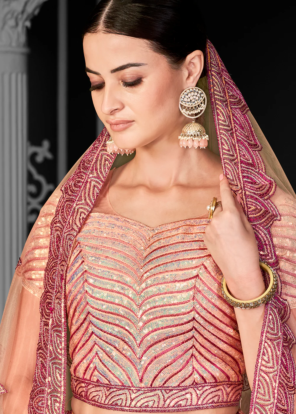 Lovely Peach Net Embroidered Bridal Party Lehenga Choli - Image 3
