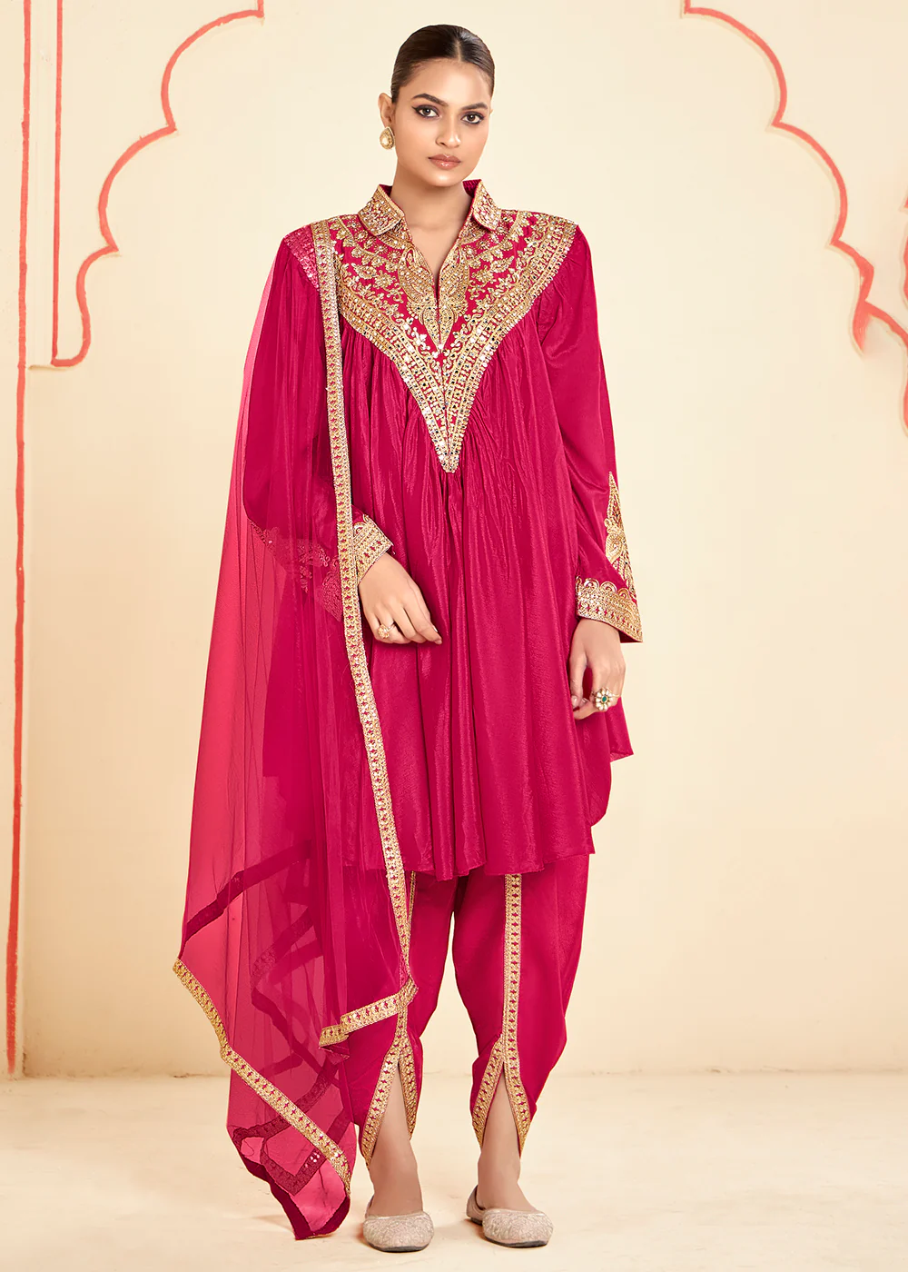 Lovely Pink Chinnon Zari Embroidered Tulip Style Dress