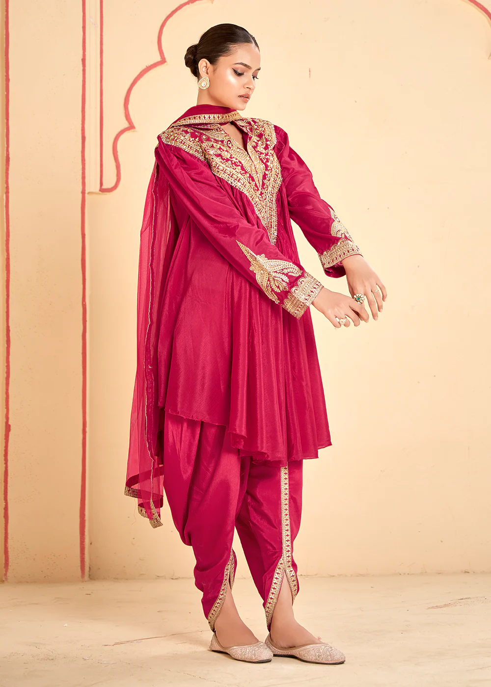 Lovely Pink Chinnon Zari Embroidered Tulip Style Dress - Image 4
