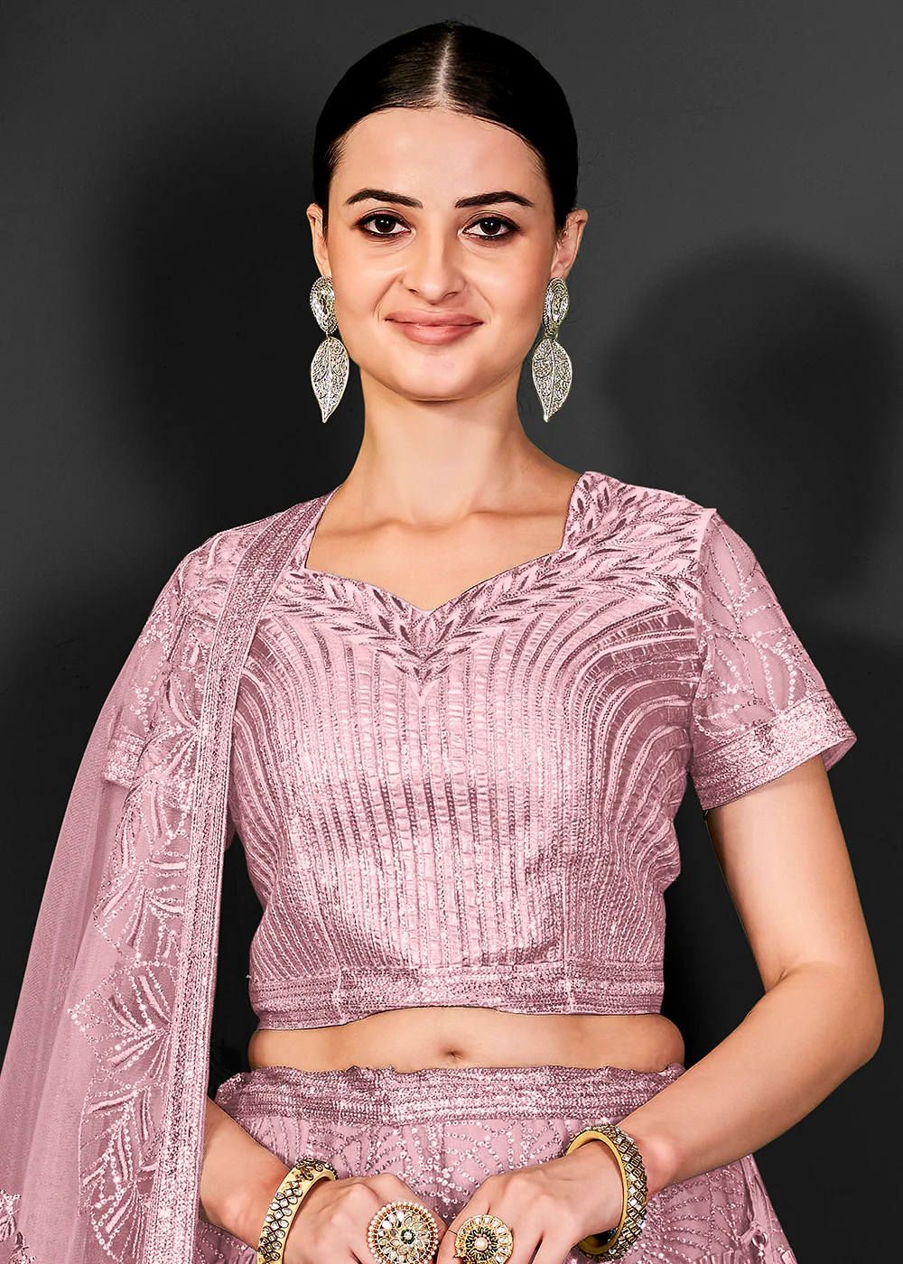 Lovely Pink Net Embroidered Bridal Party Lehenga Choli - Image 2