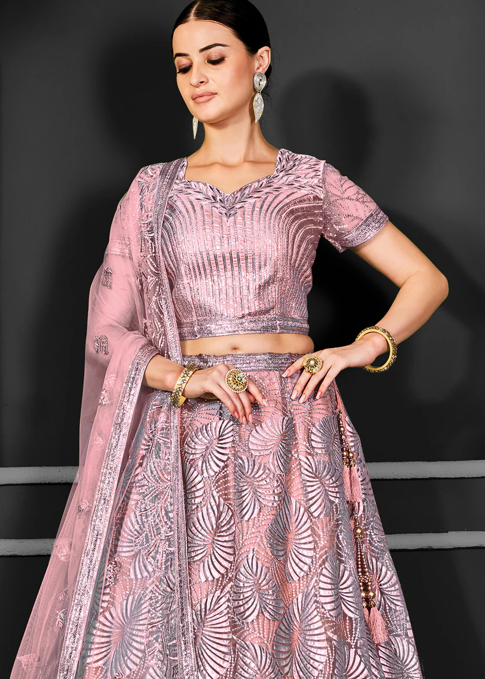 Lovely Pink Net Embroidered Bridal Party Lehenga Choli - Image 3
