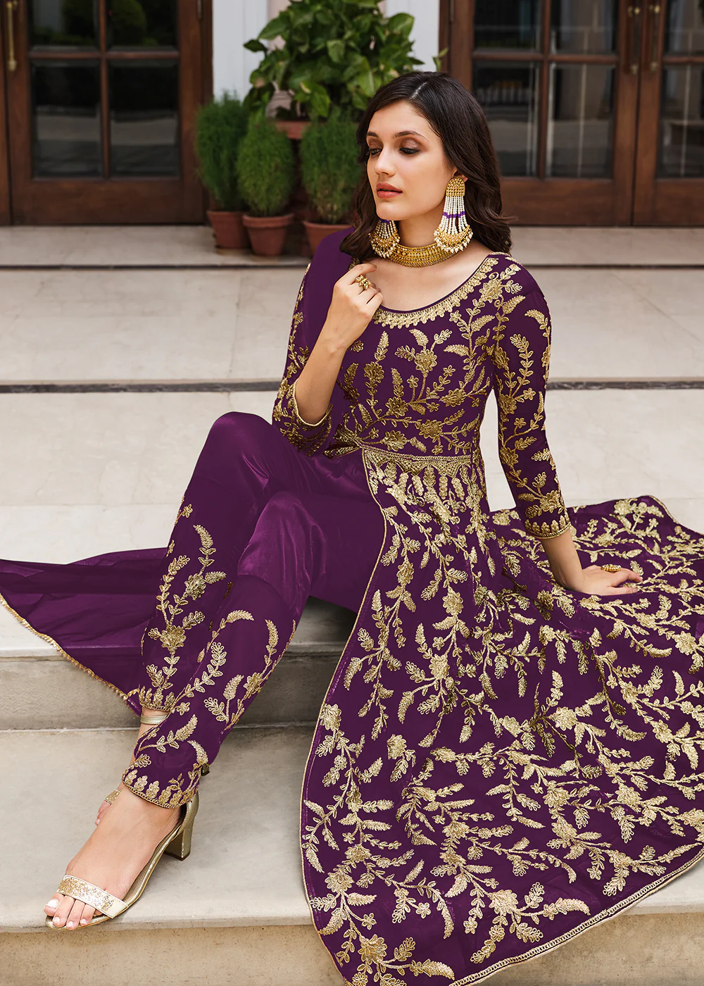 Lovely Plum Purple Designer Front Slit Anarkali Dress - Image 2
