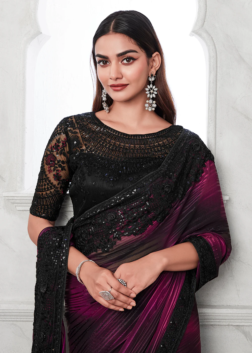 Lovely Plum Purple Silk Embroidered Designer Saree - Image 2