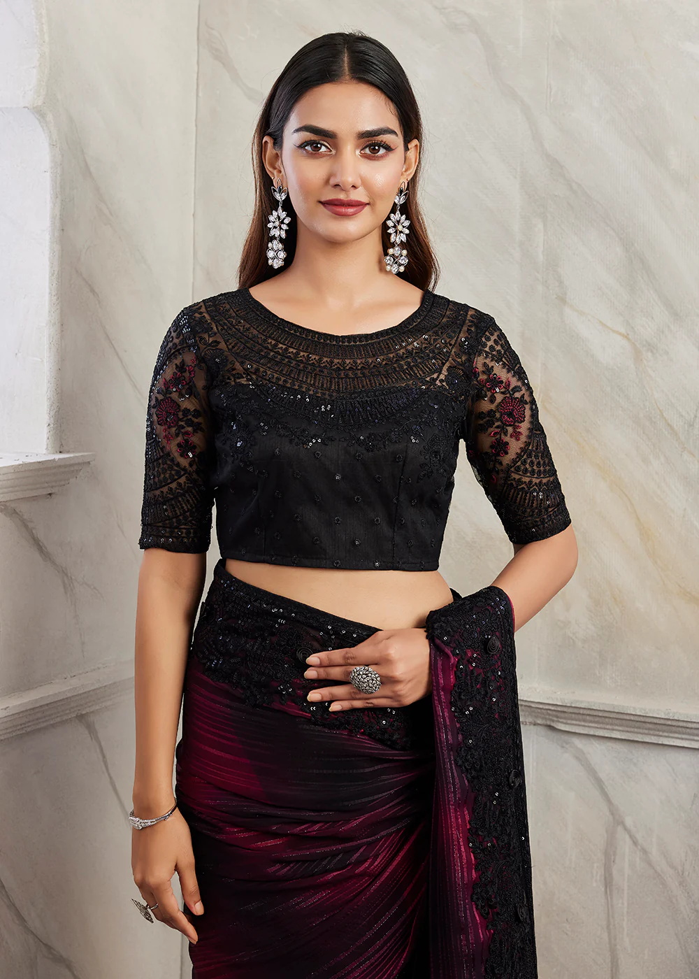 Lovely Plum Purple Silk Embroidered Designer Saree - Image 3