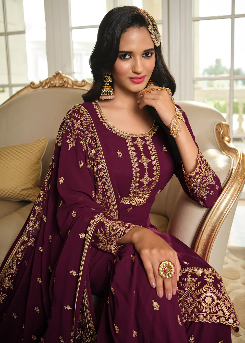 Lovely Plum Wine Embroidered Georgette Pakistani Gharara Suit - Image 2