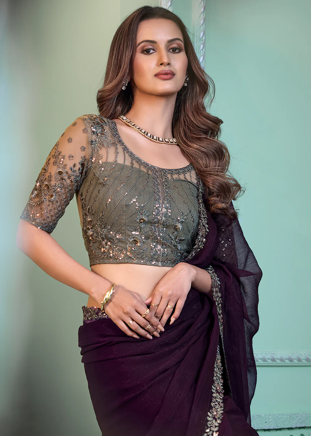 Lovely Purple Chiffon Embroidered Wedding Party Wear Saree - Image 2